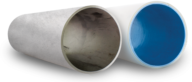 Cutaway comparison of an existing concrete pipe and a pipe with a smooth blue internal lining