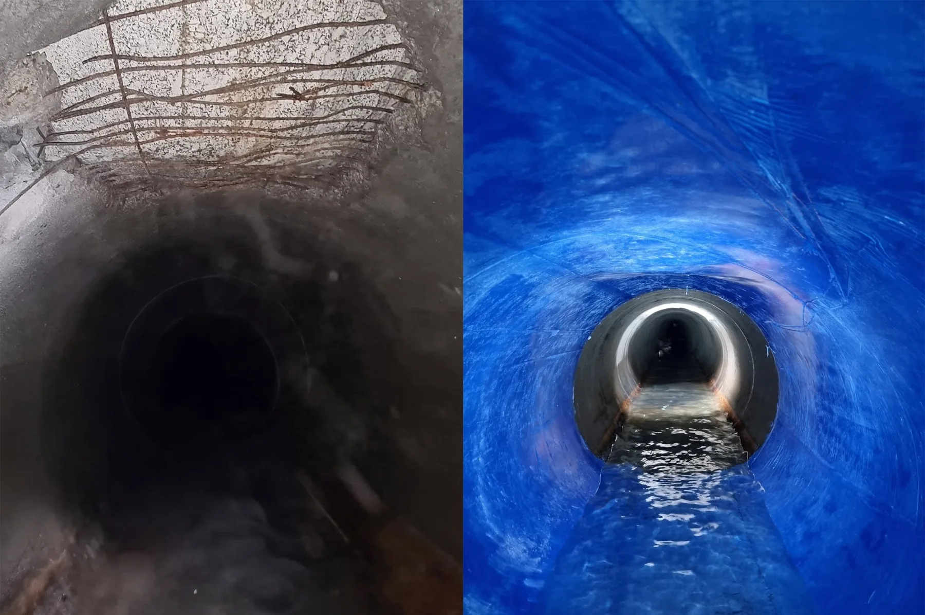 Side-by-side views of a deteriorated pipe interior and a blue rehabilitated lining